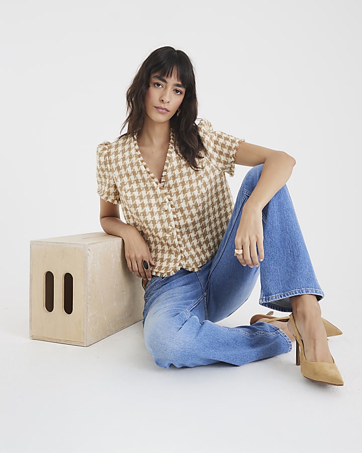 Brown Boucle Dogtooth Short Sleeve Top