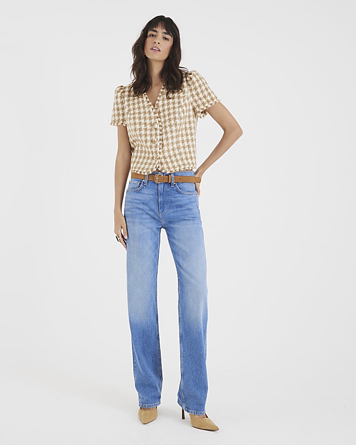 Brown Boucle Dogtooth Short Sleeve Top