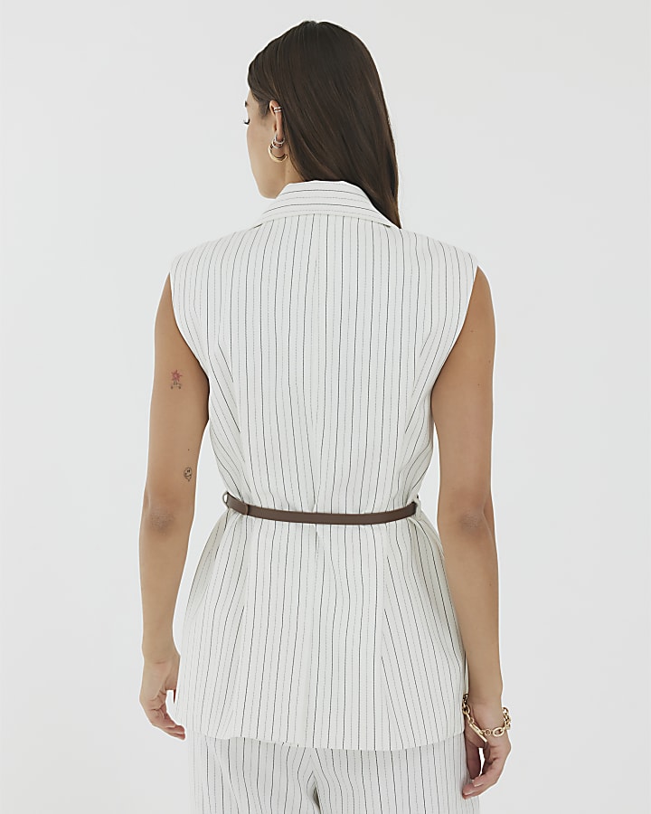 Cream Stripe Belted Sleeveless Waistcoat