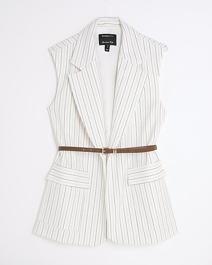 Cream Stripe Belted Sleeveless Waistcoat