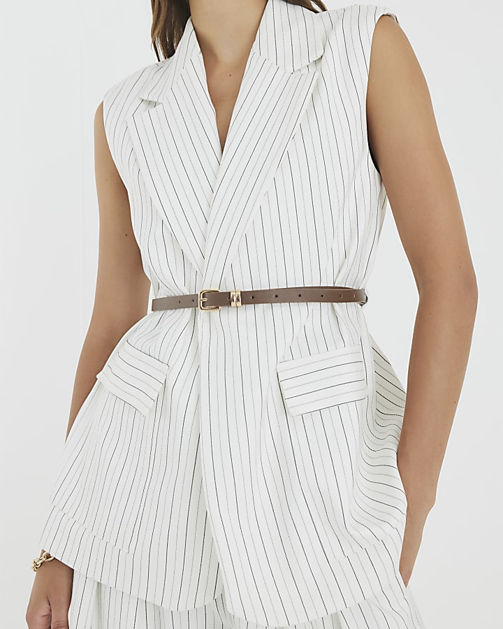 Cream Stripe Belted Sleeveless Waistcoat