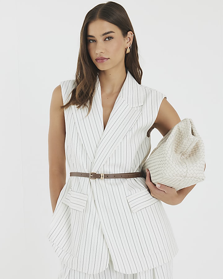 Cream Stripe Belted Sleeveless Waistcoat