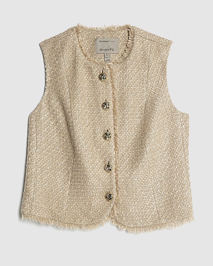 Beige Boucle Fringed High Neck Waistcoat