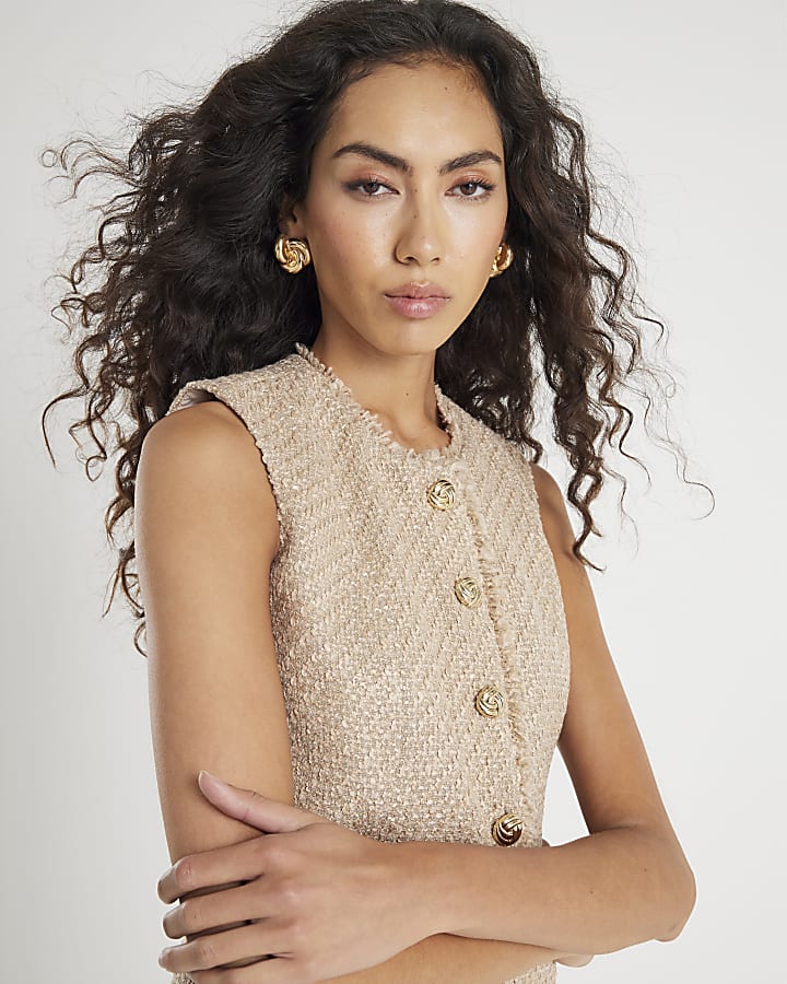 Beige Boucle Fringed High Neck Waistcoat