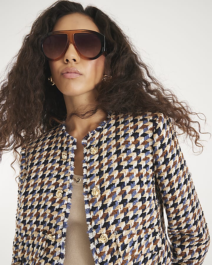 Brown Boucle Check Print Trophy Jacket