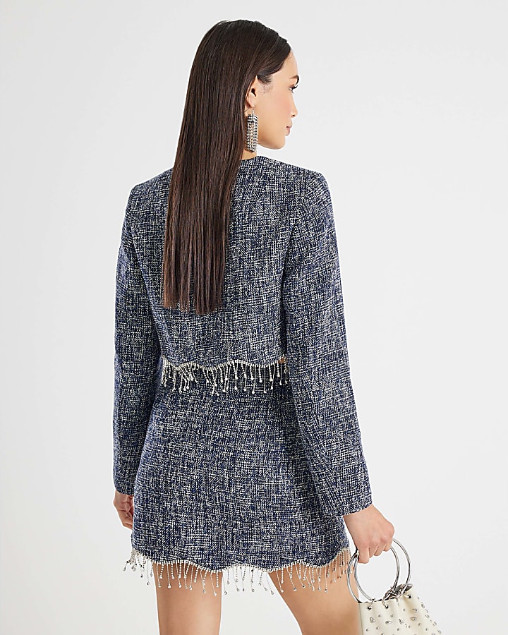 Blue Boucle Cropped Scallop Trim Jacket