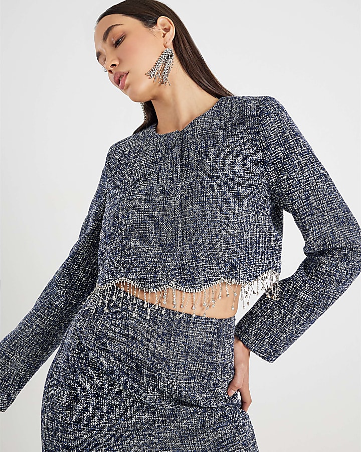 Blue Boucle Cropped Scallop Trim Jacket