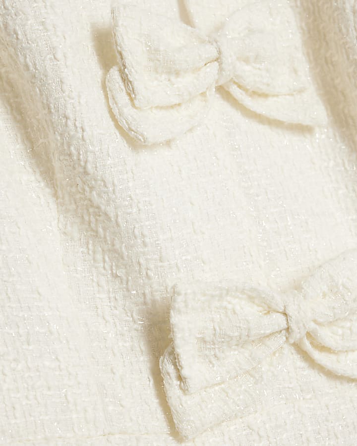Cream Bow Front Pleated Boucle Mini Dress