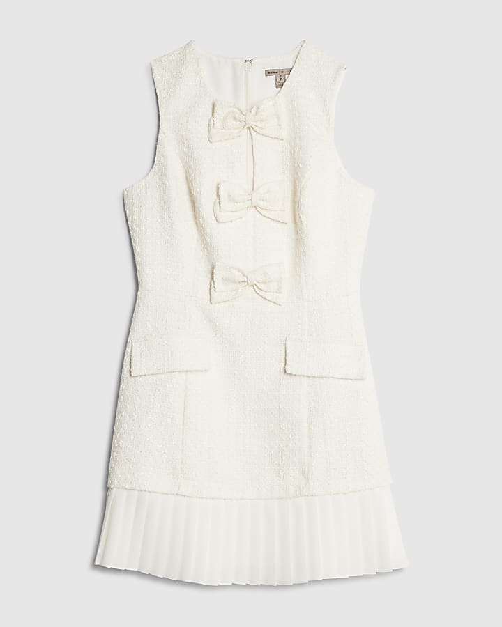 Cream Bow Front Pleated Boucle Mini Dress