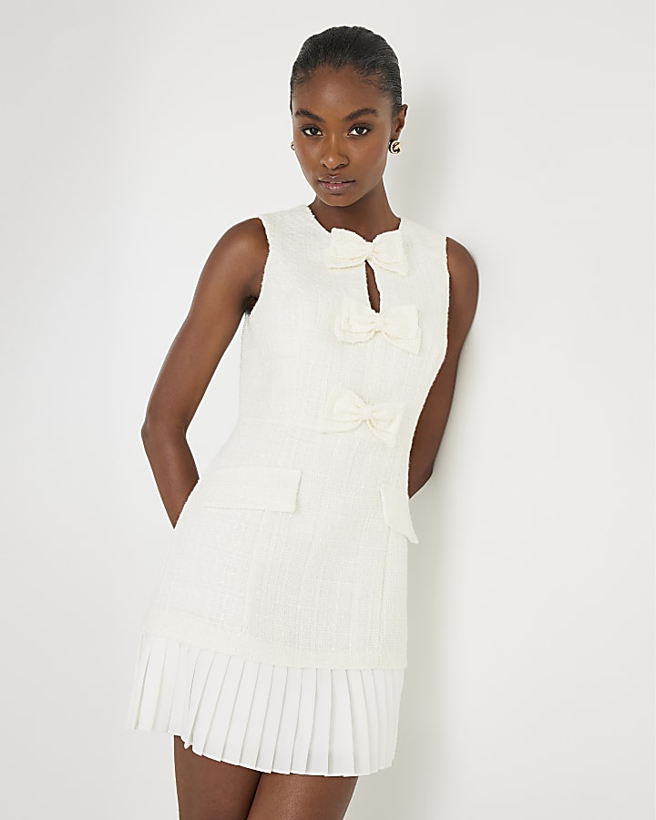 Cream Bow Front Pleated Boucle Mini Dress