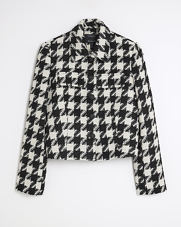 Black Boucle Dogtooth Print Cropped Jacket