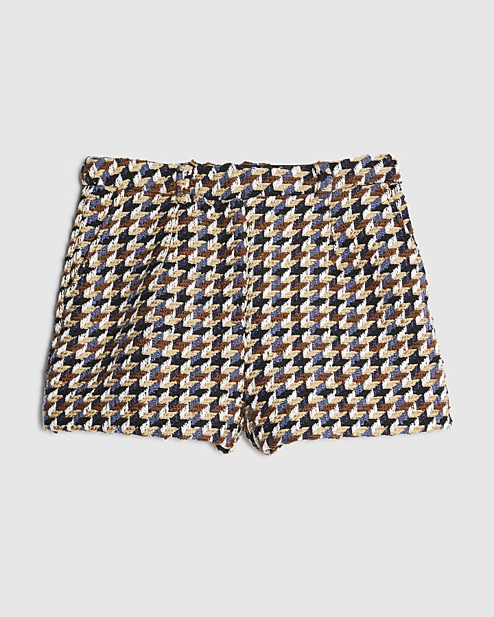 Brown Boucle Check Tailored Shorts