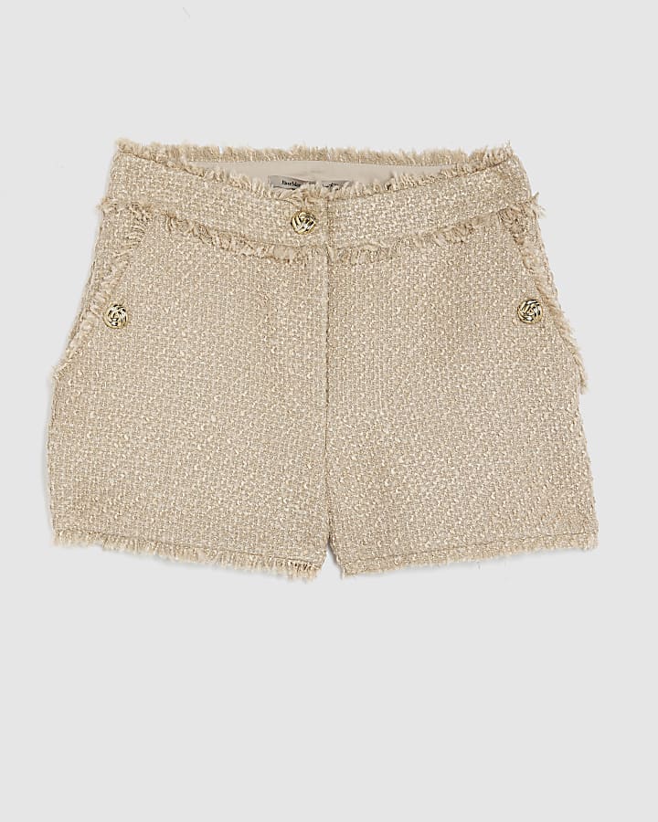 Beige Boucle Fringed Shorts
