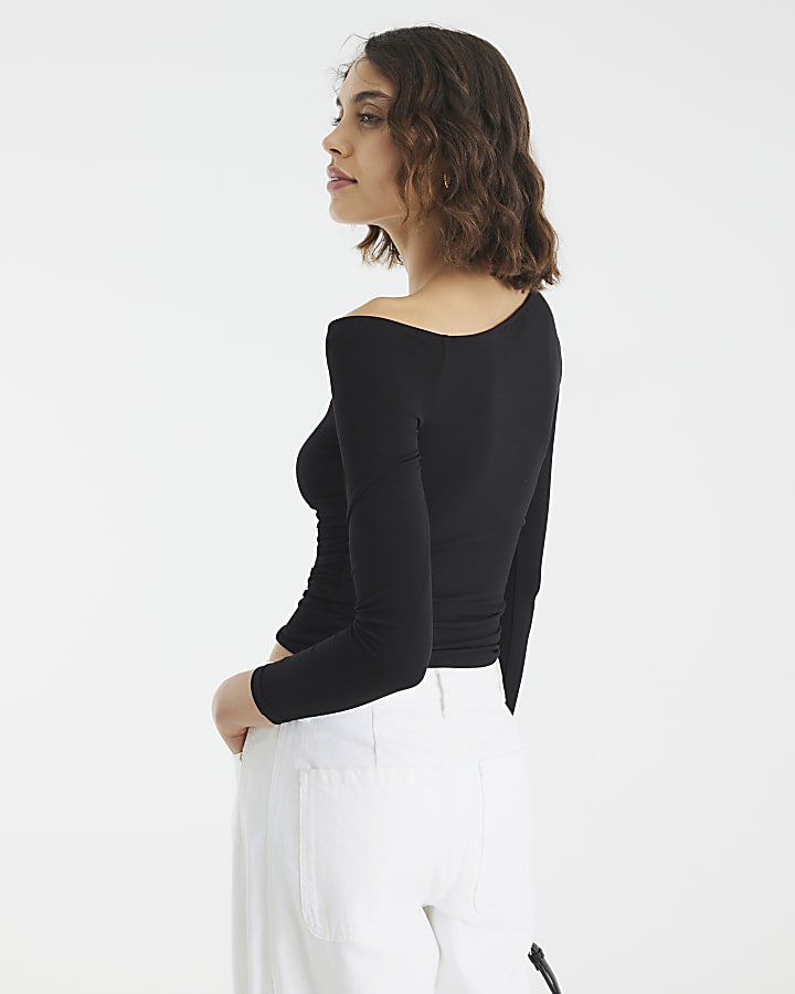 Black Long Sleeve Gold Trim Drape Top