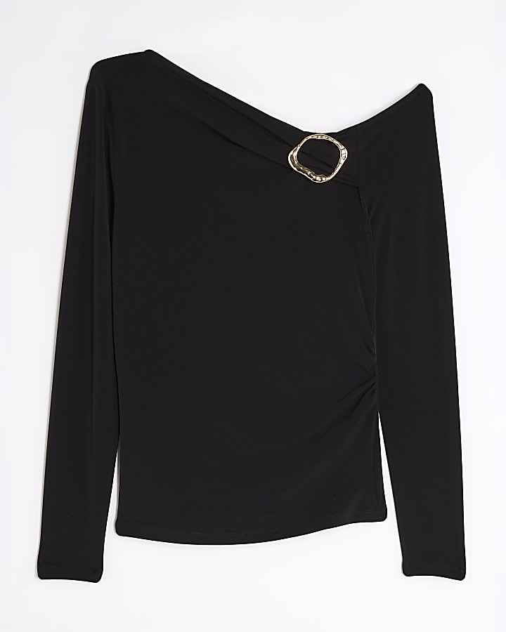 Black Long Sleeve Gold Trim Drape Top