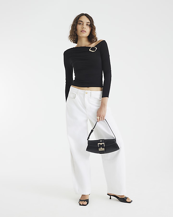 Black Long Sleeve Gold Trim Drape Top