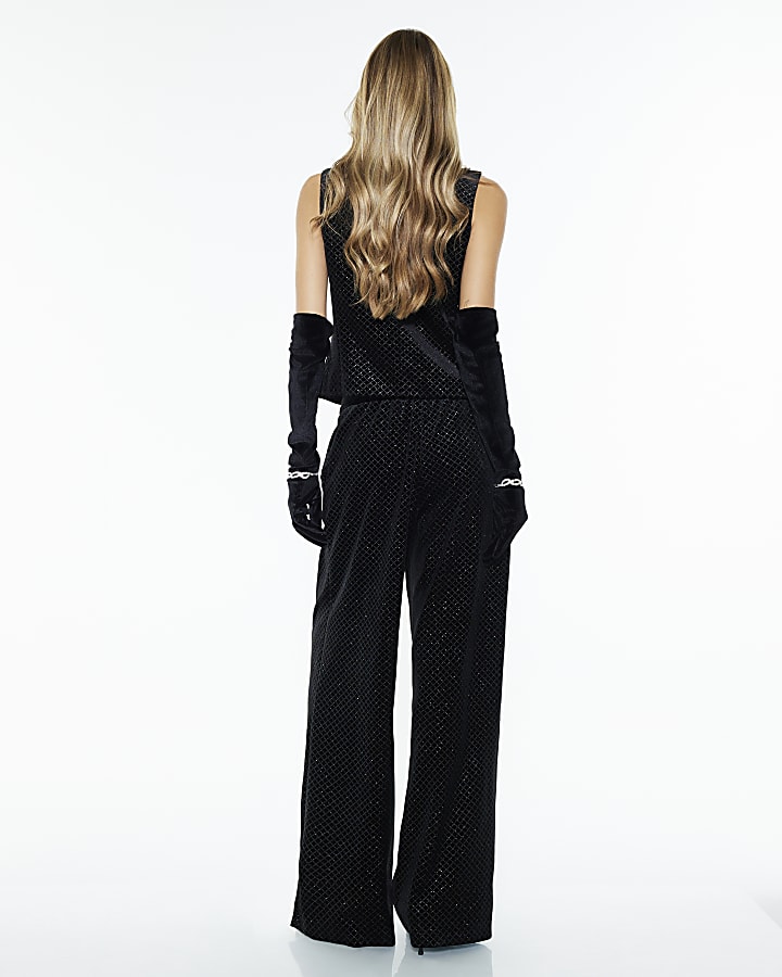 Black Velvet Hotfix Check Wide Leg Trousers