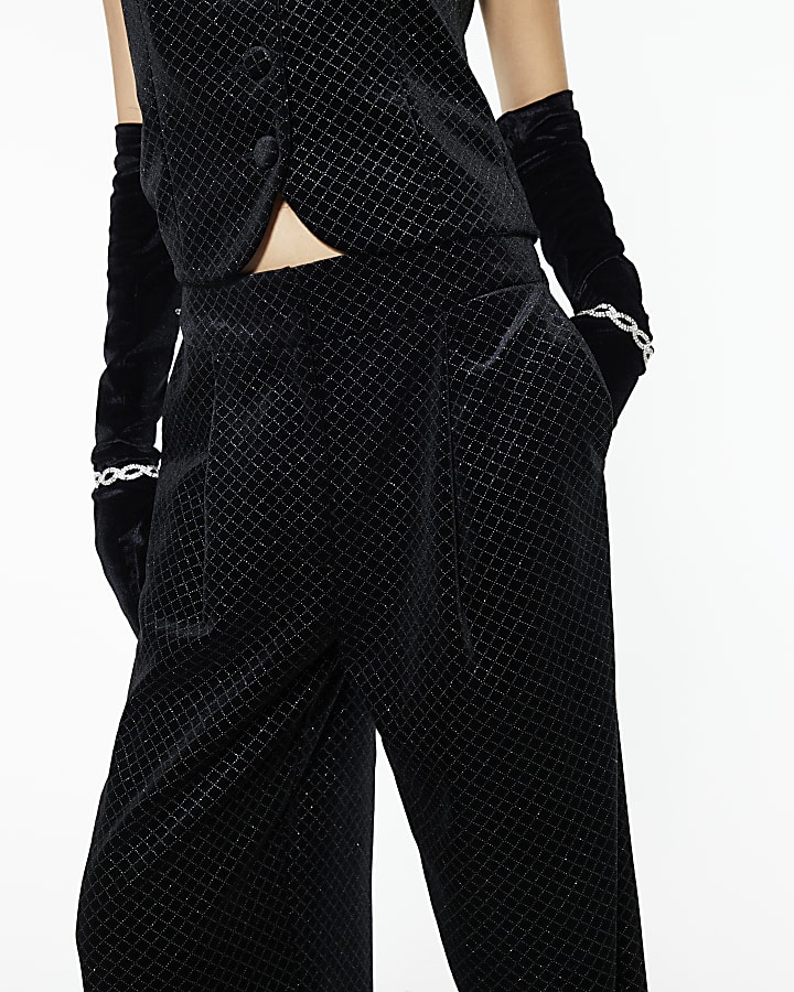 Black Velvet Hotfix Check Wide Leg Trousers