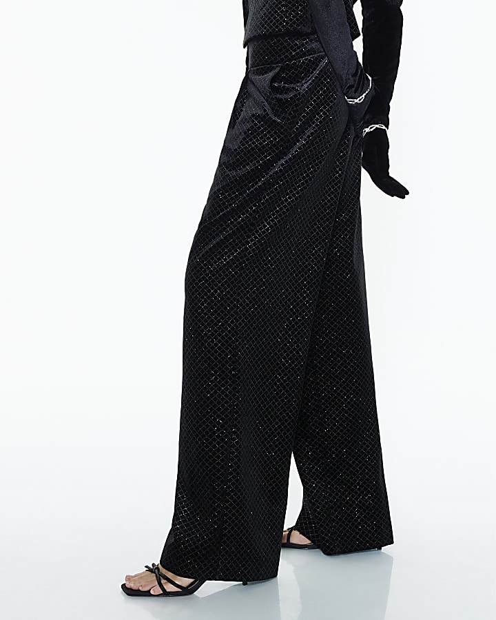 Black Velvet Hotfix Check Wide Leg Trousers