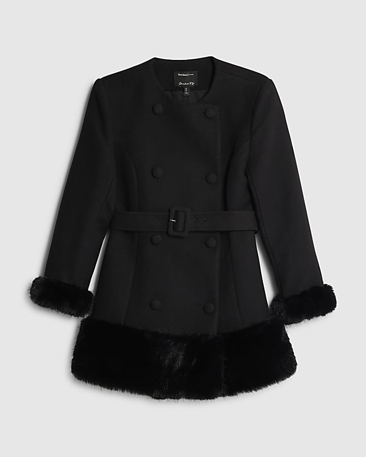 Black Collarless Faux Fur Trim Coat