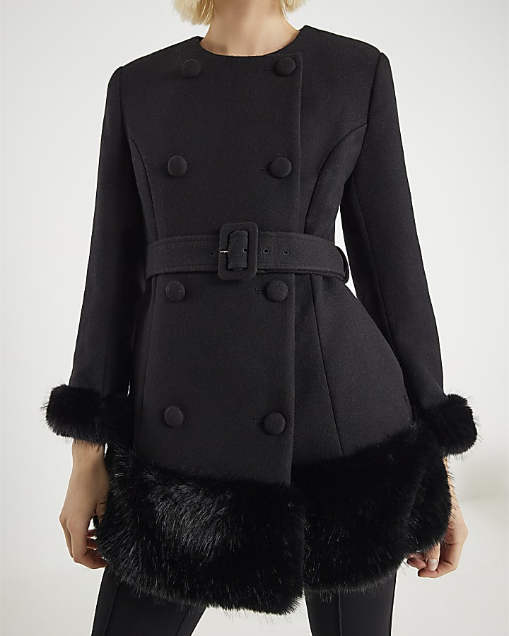 Black Collarless Faux Fur Trim Coat