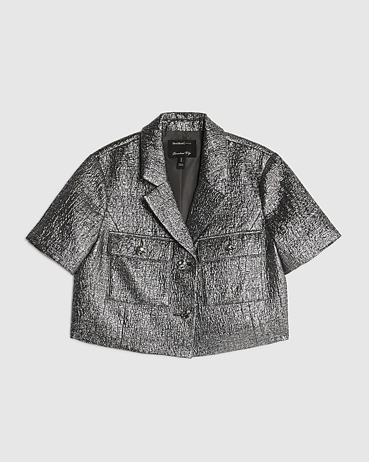 Silver Short Sleeve Metallic Button Up Top