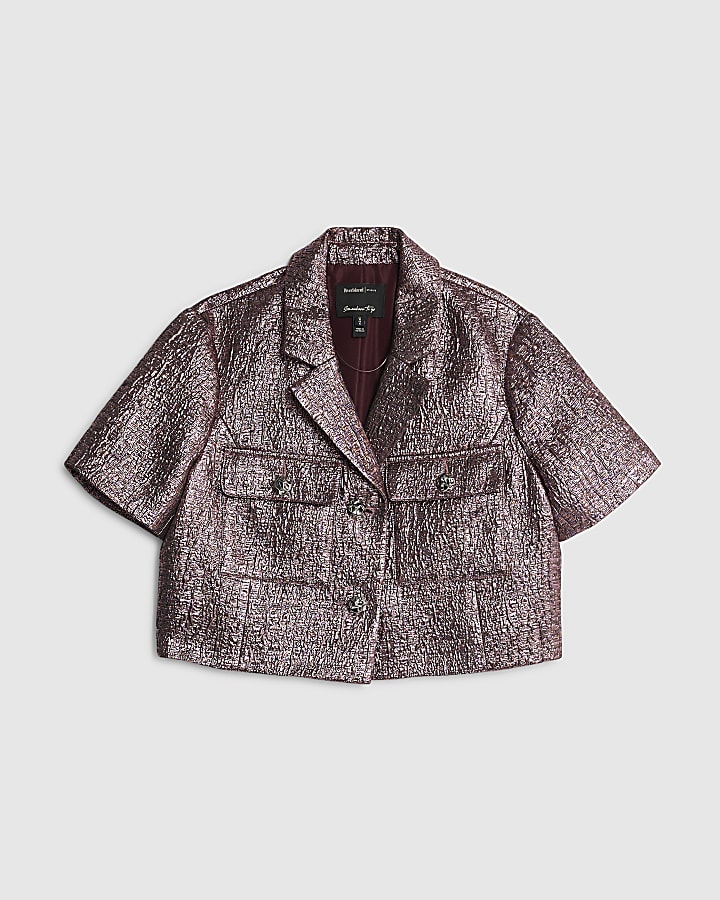 Pink Short Sleeve Metallic Button Up Top