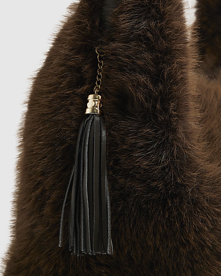 Brown Faux Fur Snaffle Slouch Bag