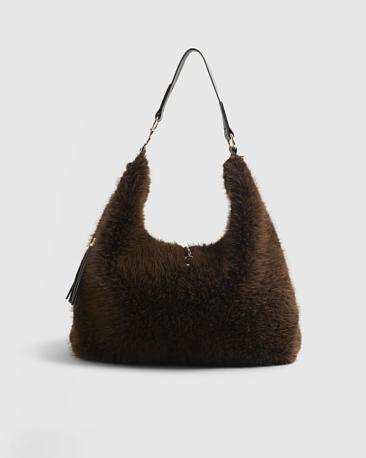 Brown Faux Fur Snaffle Slouch Bag