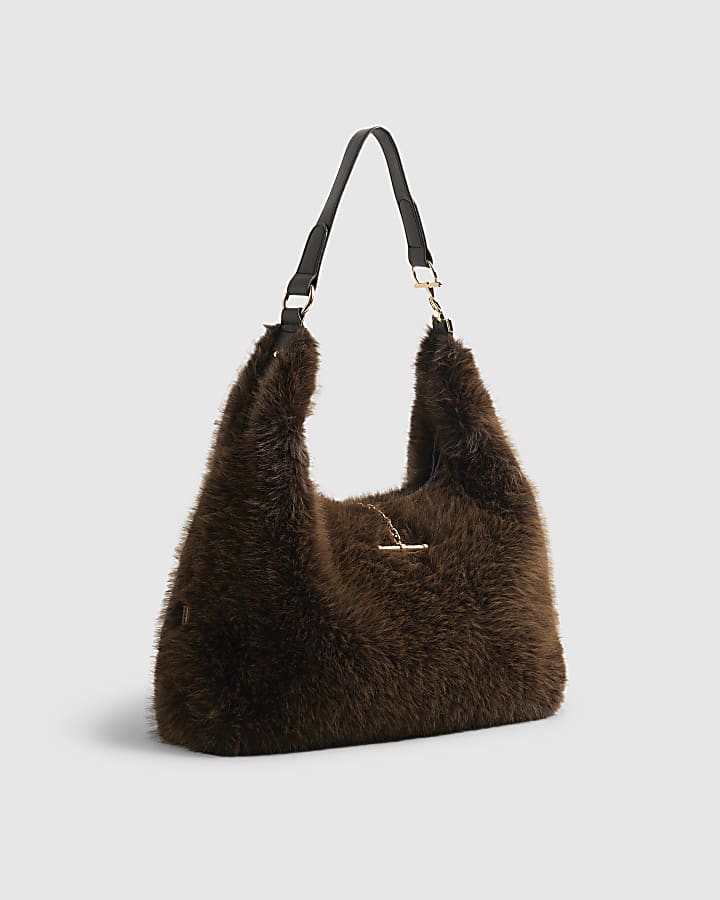 Brown Faux Fur Snaffle Slouch Bag