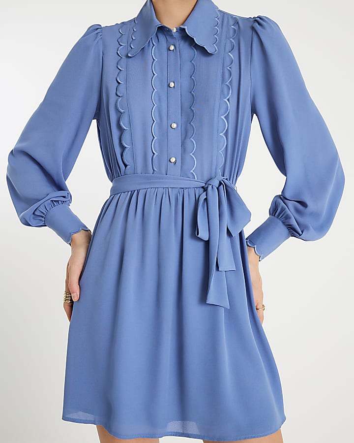 Blue Long Sleeve Scallop Trim Shirt Dress