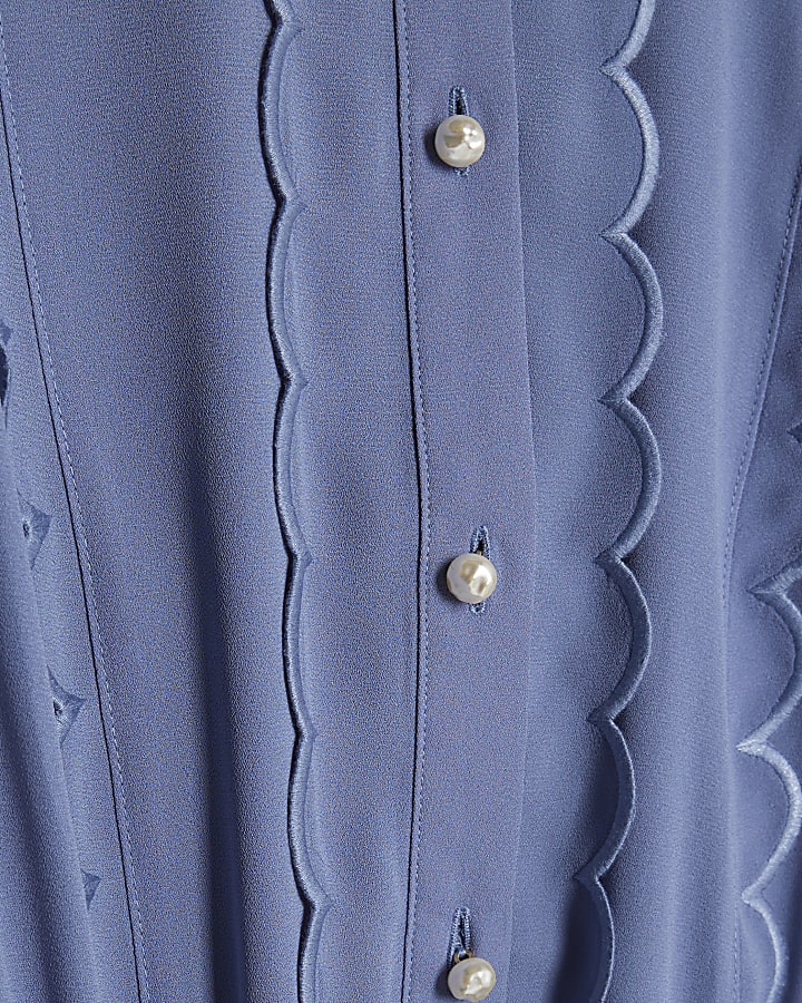 Blue Long Sleeve Scallop Trim Shirt Dress
