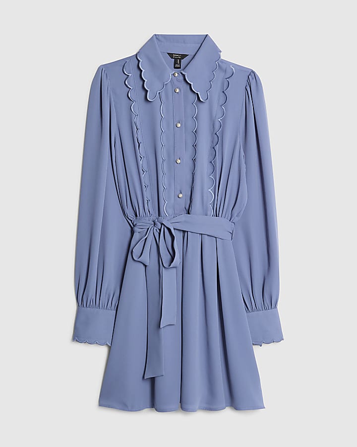 Blue Long Sleeve Scallop Trim Shirt Dress