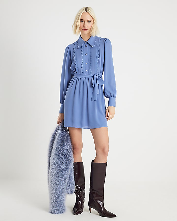 Blue Long Sleeve Scallop Trim Shirt Dress