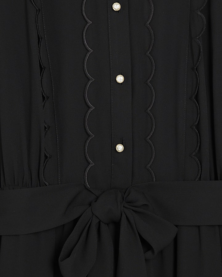 Black Long Sleeve Scallop Trim Shirt Dress