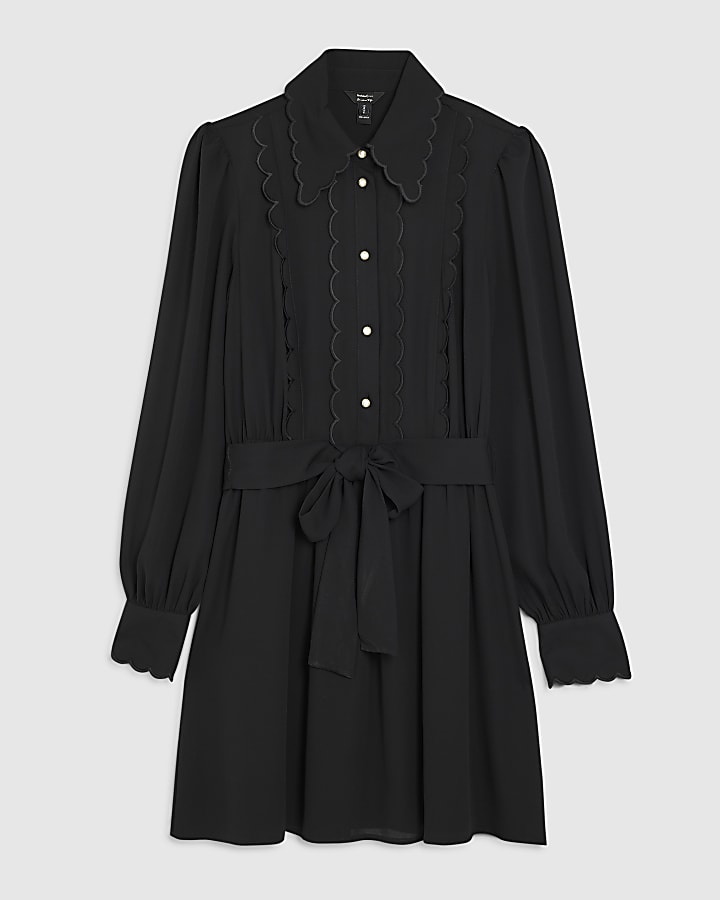 Black Long Sleeve Scallop Trim Shirt Dress
