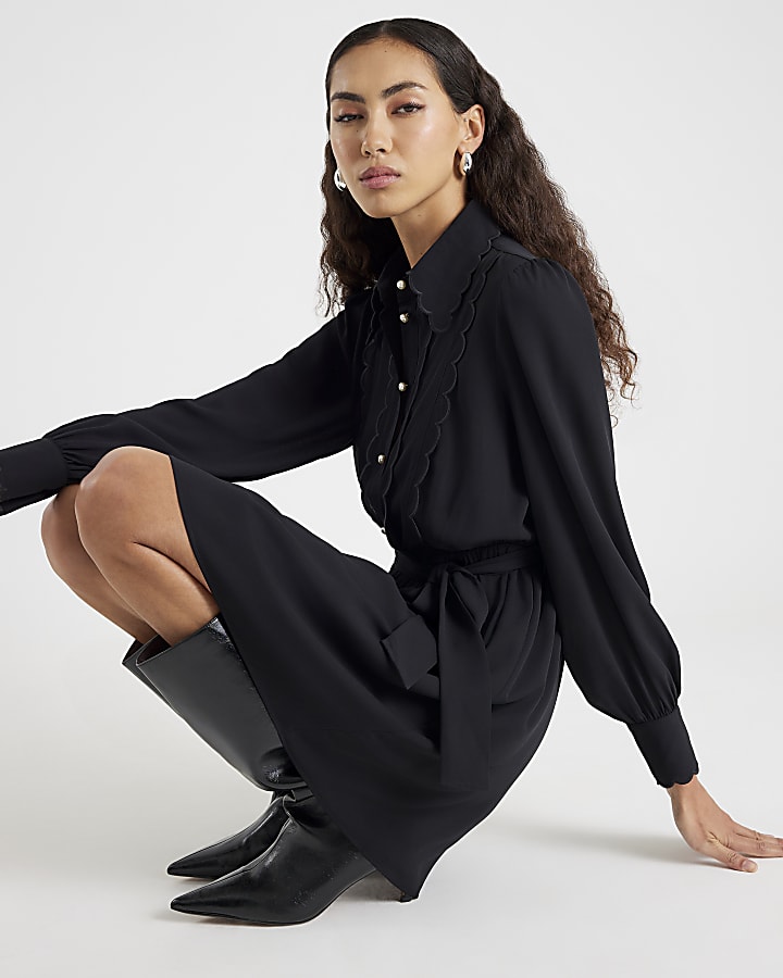 Black Long Sleeve Scallop Trim Shirt Dress