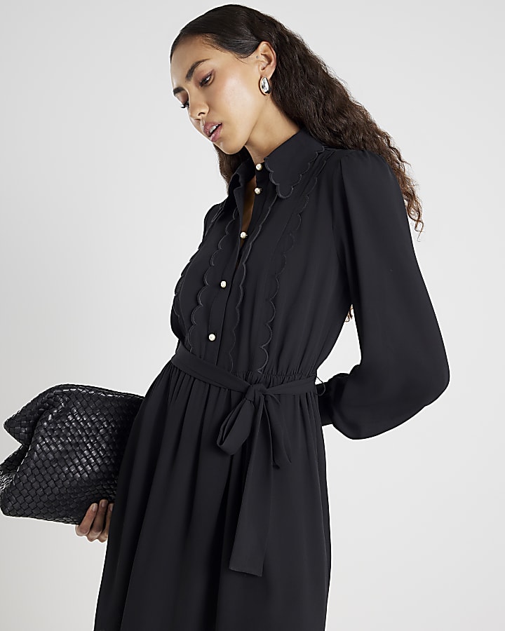 Black Long Sleeve Scallop Trim Shirt Dress