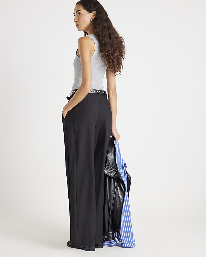 Black Studded Belt Wide Leg Trousers