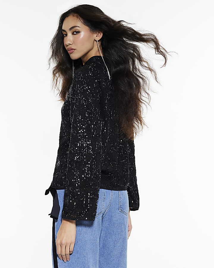 Black Sequin Keyhole Long Sleeve Top