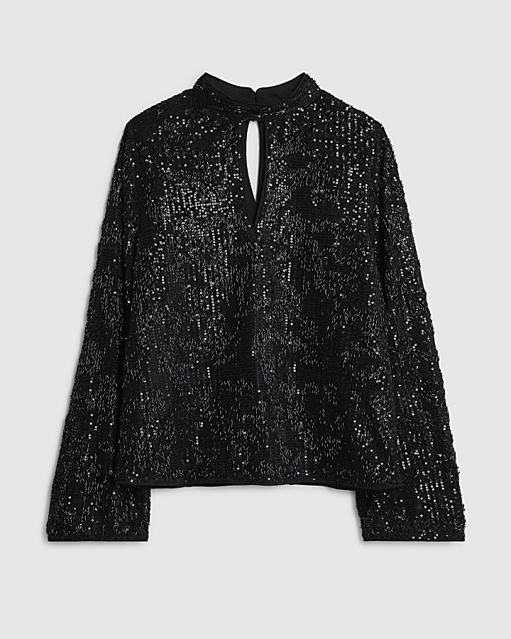 Black Sequin Keyhole Long Sleeve Top