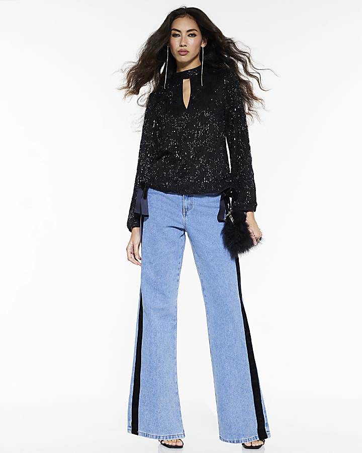 Black Sequin Keyhole Long Sleeve Top