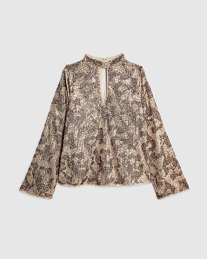 Rose Gold Sequin Keyhole Long Sleeve Top