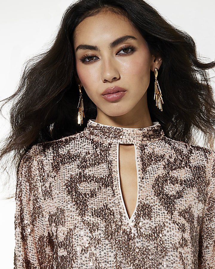 Rose Gold Sequin Keyhole Long Sleeve Top