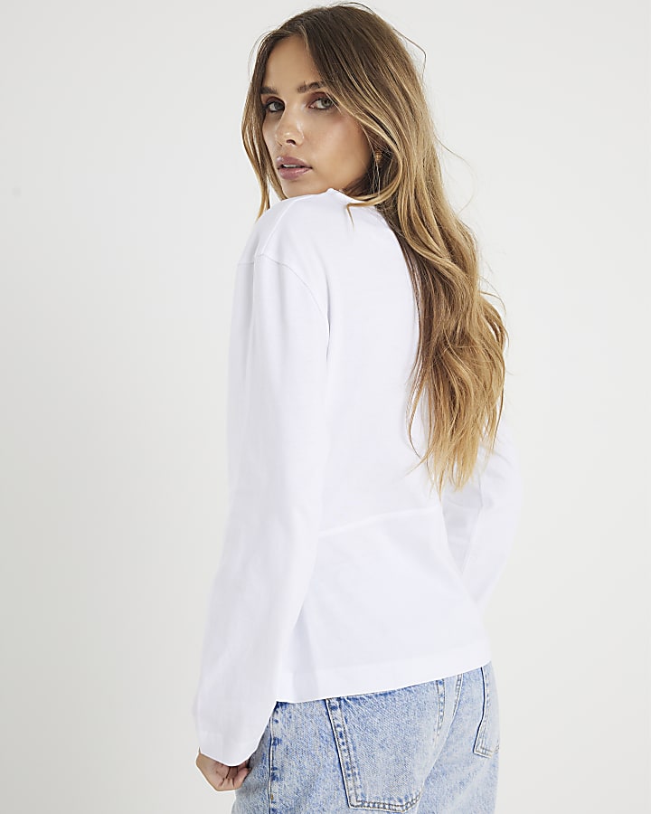 White Long Sleeve Drape Side Top