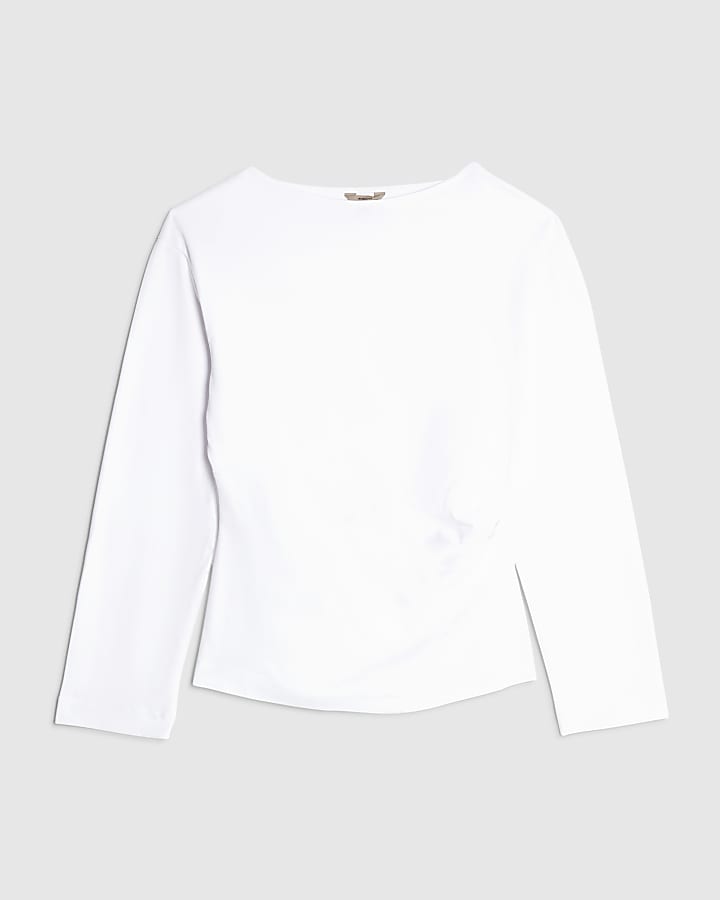 White Long Sleeve Drape Side Top