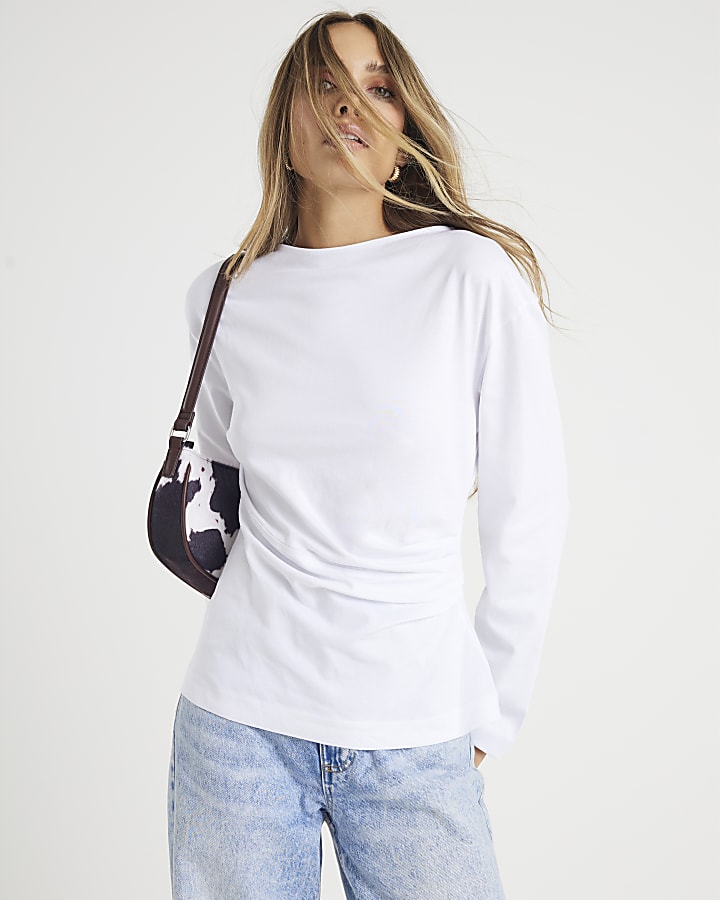 White Long Sleeve Drape Side Top
