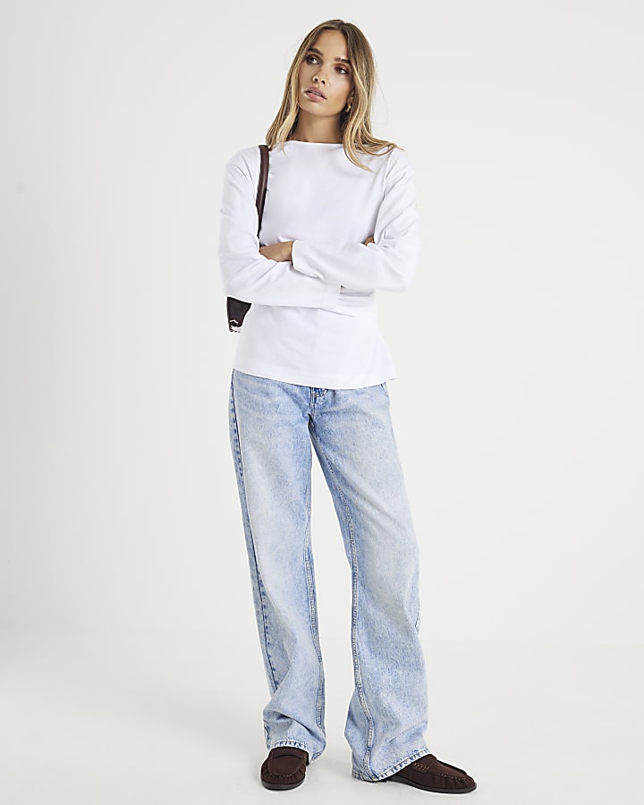 White Long Sleeve Drape Side Top