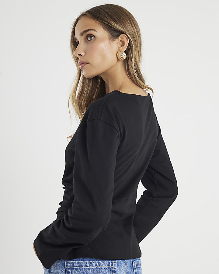 Black Long Sleeve Drape Side Top
