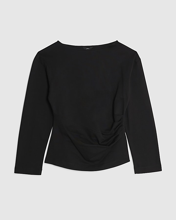 Black Long Sleeve Drape Side Top